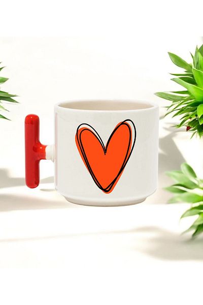 BB TRADE Orange Heart Designed Red t Handled Ceramic Printed Mug Cup 250 ml