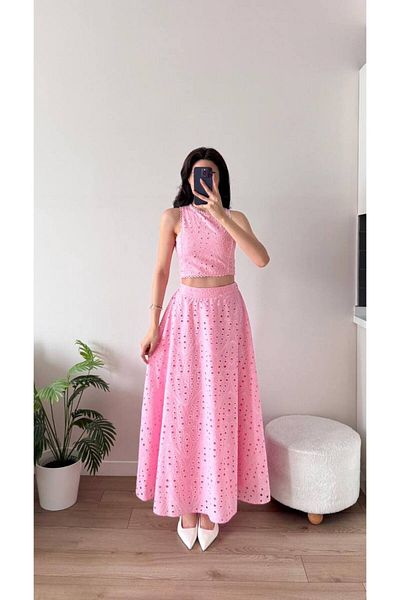 LOCH BUTİK Women's Pink Guipure Detailed Skirt Suit