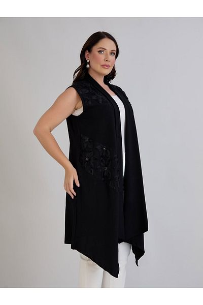 ModaMinar Women's Tulle Pattern Detailed Crystal Combed Cotton Fabric Long Vest