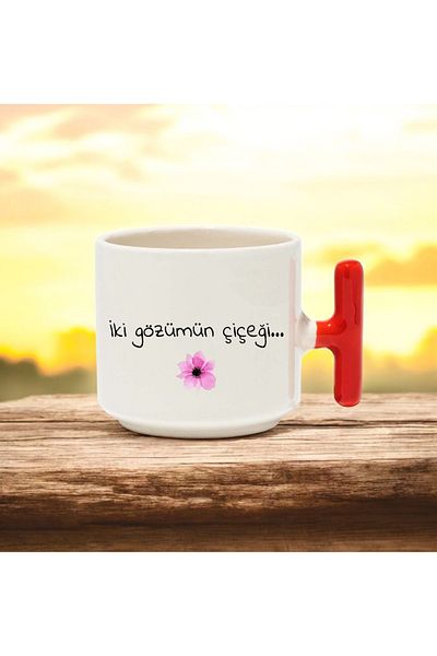 BB TRADE Red T-Handled Ceramic Printed Mug with Flower of My Two Eyes Design 250 ml