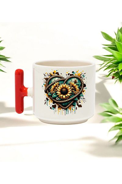 BB TRADE Sunflower Heart Design Red t Handle Ceramic Printed Mug Cup 250 ml