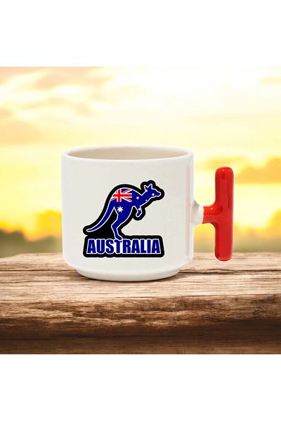 BB TRADE Australia Designed Red t Handle Ceramic Printed Mug Cup 250 ml