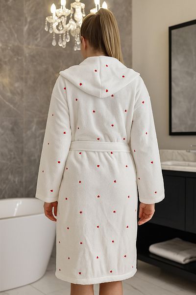 LaraLisa Collection Heart Embroidered 100% Cotton Microcotton Luxury Bath Robe with Hooded Pocket