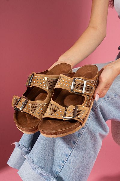 FUGA MODA Γυναικείες παντόφλες Zinora Tan Cornered Stone με λεπτομέρεια με διπλό λουράκι