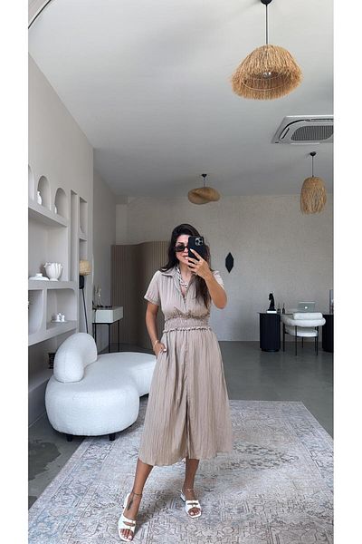 Buket Teke Beige Zippered Wrinkle Effect Dress