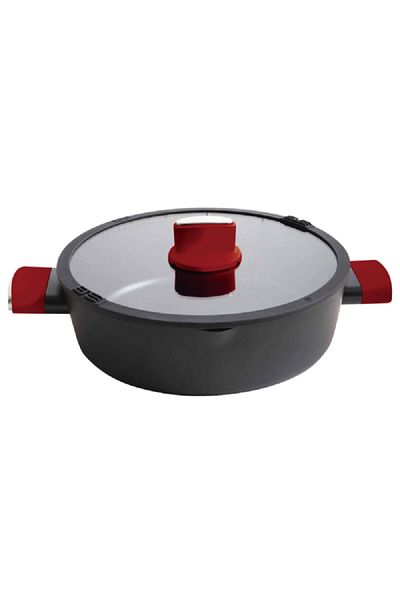BETTY CROCKER Aluminum Forged Shallow Induction Casserole with Lid Grey and Red 24cm