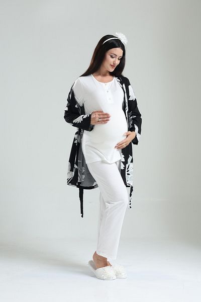 LOHOUSE Women's Tuba Black Patterned Woven Cotton Maternity Maternity Pajamas Set of 3
