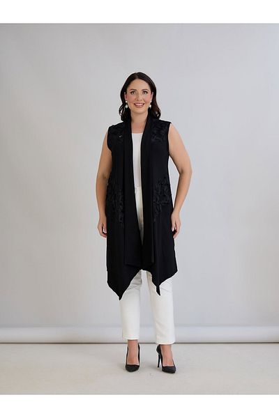 ModaMinar Women's Tulle Pattern Detailed Crystal Combed Cotton Fabric Long Vest
