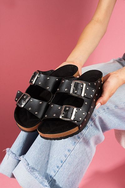 FUGA MODA Troky Black Double Striped Metal Buckle Staple Detailed Women's Slippers