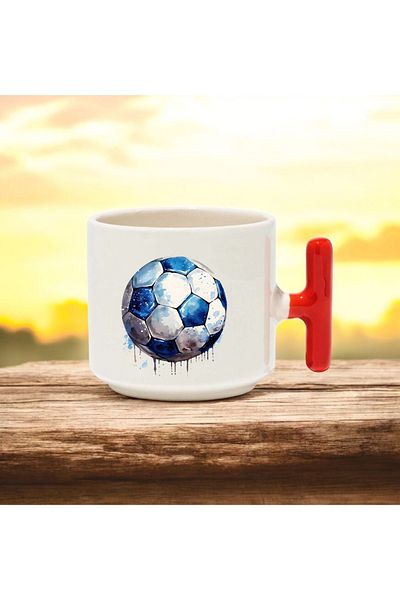 BB TRADE Football Ball Designed Red t Handle Ceramic Printed Trophy Cup 250 ml