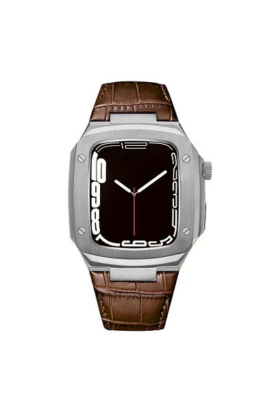 O Ozone Stainless Steel Case with Genuine Leather Watch Band for Apple Watch 44mm 45mm -Brown