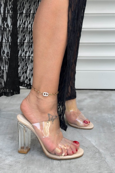 Shoebutik Nuava Beige Patent Leather Transparent Tape Detail Heeled Women's Slippers