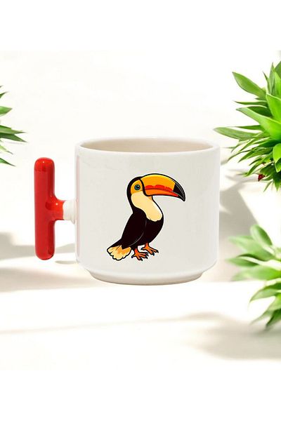 BB TRADE Parrot Designed Red t Handled Ceramic Printed Mug Cup 250 ml