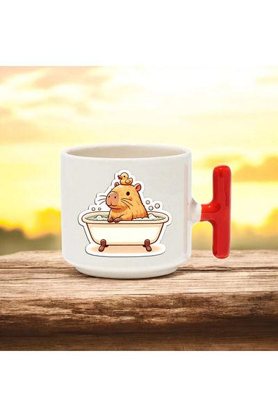 BB TRADE Ceramic Printed Mug with Capybara Shower Design and Red t Handle 250 ml