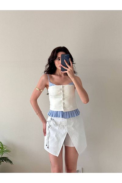 LOCH BUTİK Women's Striped White Strap Button Bustier