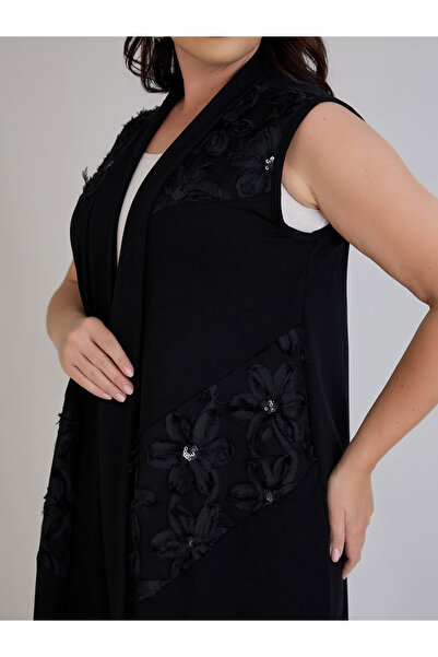 ModaMinar Women's Tulle Pattern Detailed Crystal Combed Cotton Fabric Long Vest