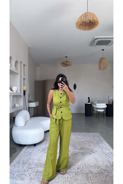 Buket Teke Olive Buttoned Vest Suit