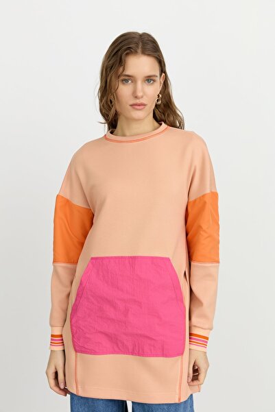 Nihan Yanlı Yırtmaçlı Kumaş Mixli Örme Sweat Somon