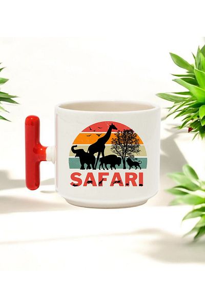 BB TRADE Safari Designed Red T-Handle Ceramic Printed Mug 250 ml