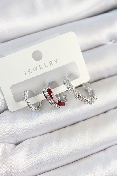 Clariss Brass Zircon Stone Burgundy Pink Ring Model Silver Color 3-Piece Double Women's Earring Set