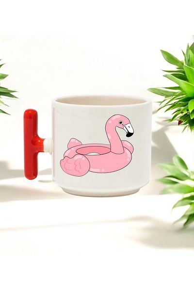 BB TRADE Pink Flamingo Designed Red t Handle Ceramic Printed Mug Cup 250 ml
