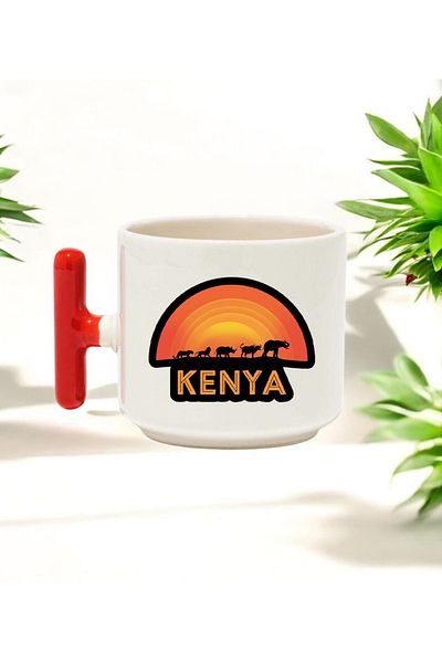 BB TRADE Kenya Designed Red t Handle Ceramic Printed Mug 250 ml
