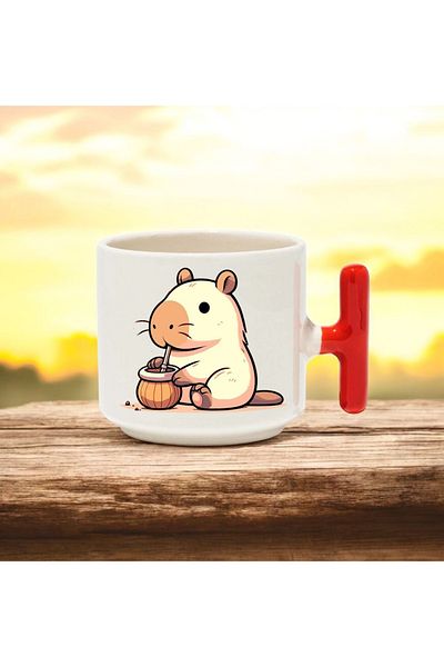 BB TRADE Capybara Drink Design Red t Handle Ceramic Printed Mug Cup 250 ml