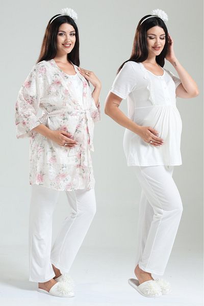 Lohussa Powder Patterned Jacquard Special Design 100% Cotton Summer Maternity Maternity Dressing Gown Pajama Set Set