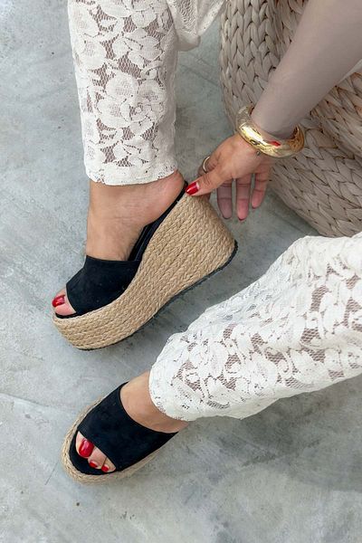 Shoebutik Anastacia Black Suede Straw Padding Wrap Sole Women's Slippers