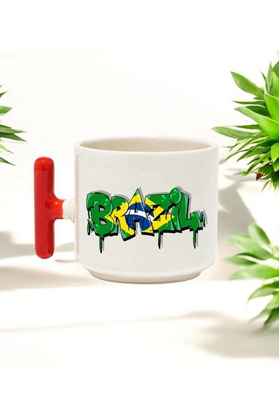BB TRADE Brazil Green Designed Red t Handle Ceramic Printed Mug Cup 250 ml