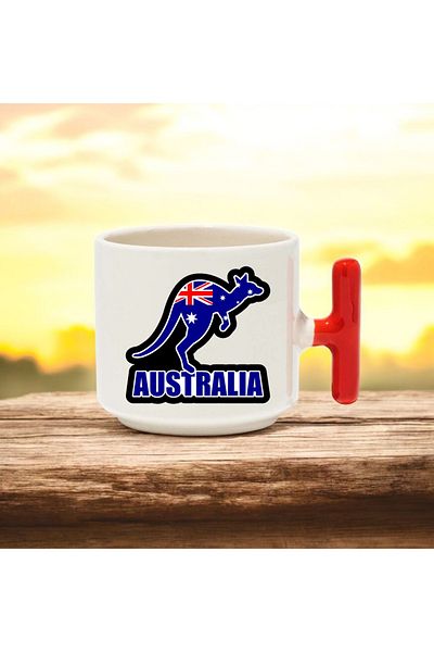 BB TRADE Australia Designed Red t Handle Ceramic Printed Mug Cup 250 ml