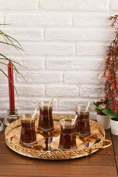 HELVACIOĞLU AKSESUAR Coffee, Tea, Chocolate Presentation Tray with Mirror Handle 35 cm Gold
