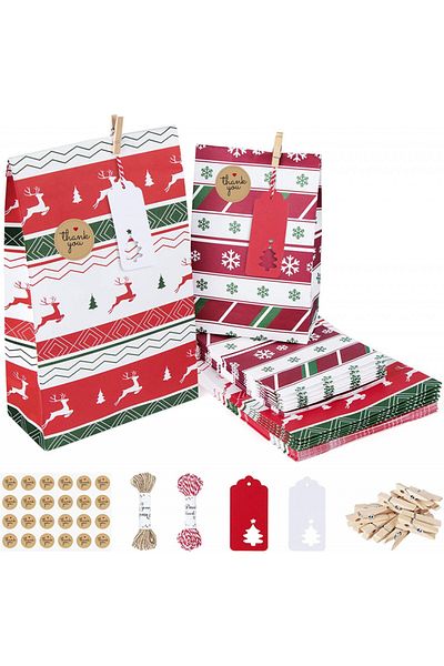 Agoer Set of 24 Agoer Advent Calendar Sticker Bags, White/Green/Red, Paper/Textile/Wood