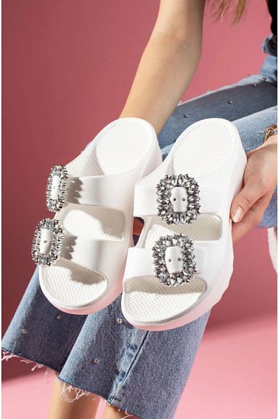 SHOUGO Double Strap Buckle Detailed Wet Floor High Heel Slippers