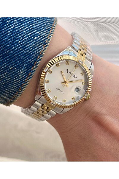 Ferrucci Takvimli Çelik Kadın Kol Saati+Bileklik Hediyeli