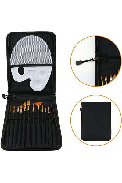 CestMall Set of 12 paint brushes with paint palette and storage bag CestMall, black