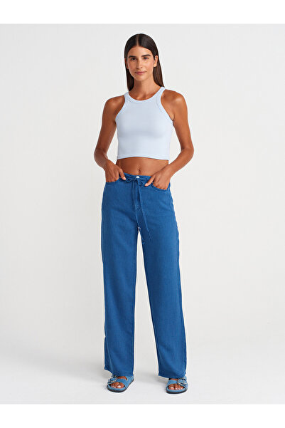 Dilvin 21104 Ribbed Crop Top-Light Blue