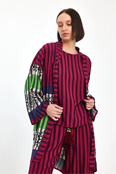 hazelin Women's Plum Striped Athlete Kimono and Pants Woven Viscon Bottom Top Set Hzl25S-Vm110421