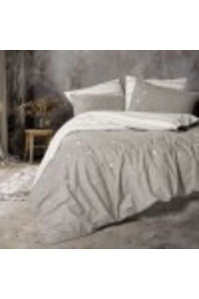 Cotton Box Double bed linen with leaf embroidery, duvet cover 200x220cm, Moke Beige/Grey