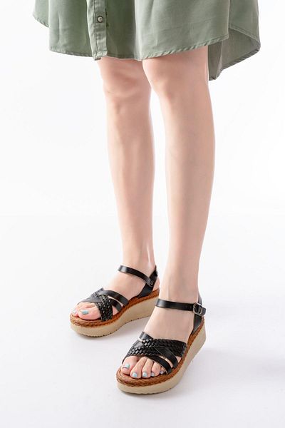 Aymood 730-138 Black Knitted Genuine Leather Orthopedic Sole Women's Sandals