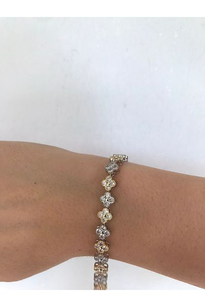 shop Shiny Bright Mini Flower Patterned Gold and Silver Detail Stone Bracelet