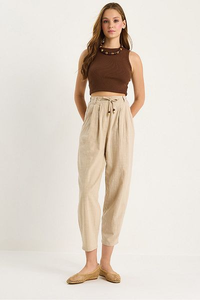 Bianco Lucci Women's Elastic Waist Tie Detailed Linen Carrot Trousers 3413 60283460