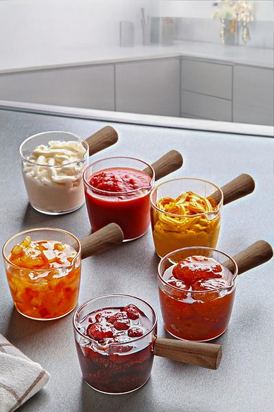 Kitchen Life 12-Piece Mica Jam Bowl Sauce Bowl Tableware Presentation Breakfast Set - Presentation Bowl with Acacia Look Handle 80 ml