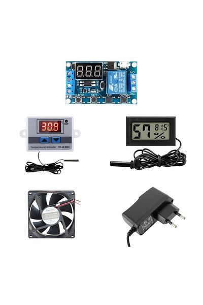 Arduino Incubator Set - 5 Pieces - W3001 Thermostat 220V - Heat Humidity Meter - 12V Adapter - 80X80 12V Fan