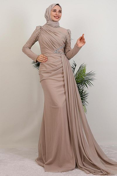 GİYZAMİLA Gülşen Hijab βραδινό φόρεμα Light Mink