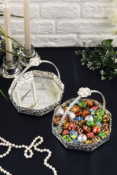 HELVACIOĞLU AKSESUAR 2 Pieces Top Handle Mirrored Sugar Bowl, Chocolate Bowl, Turkish Delight Bowl, Cookie Bowl 15 cm
