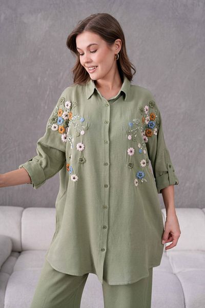 MVStore Cămașă oversize din in brodat cu model floral pentru femei