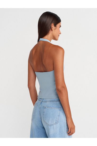 Dilvin 31753 Halter Guler Top-Albastru închis