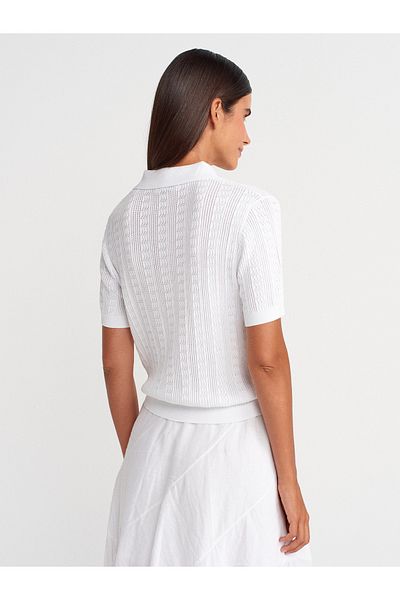 Dilvin 10781 Polo Neck Button Openwork Knitwear Blouse-White