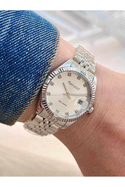 Ferrucci Takvimli Çelik Kadın Kol Saati+Bileklik Hediyeli